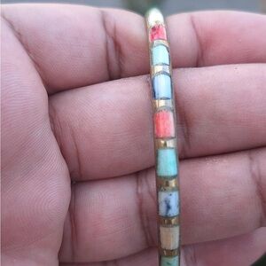 Colourful Vintage Inlaid Brass Bangle Bracelet